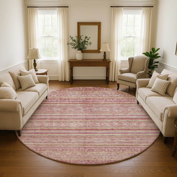 HomeRoots 8' Striped Washable Round Rug in Rust, Coral & Wheat - Durable, UV Protected, Non-Slip Design! 696185