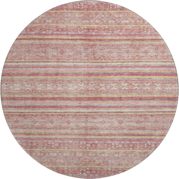 HomeRoots 8' Striped Washable Round Rug in Rust, Coral & Wheat - Durable, UV Protected, Non-Slip Design! 696185