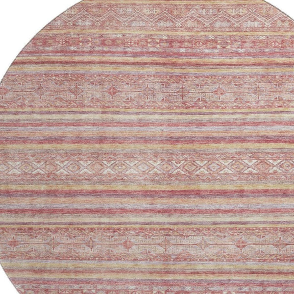 HomeRoots 8' Striped Washable Round Rug in Rust, Coral & Wheat - Durable, UV Protected, Non-Slip Design! 696185