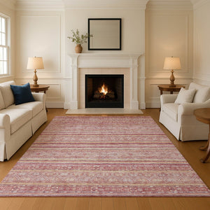 HomeRoots 8' X 10' Washable Area Rug in Rust Coral & Wheat Stripes - UV Protection, Durable & Non-Slip Design 696186