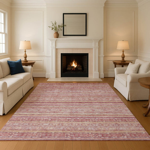 HomeRoots 8' X 10' Washable Area Rug in Rust Coral & Wheat Stripes - UV Protection, Durable & Non-Slip Design 696186