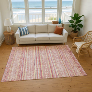 HomeRoots 8' X 10' Washable Area Rug in Rust Coral & Wheat Stripes - UV Protection, Durable & Non-Slip Design 696186
