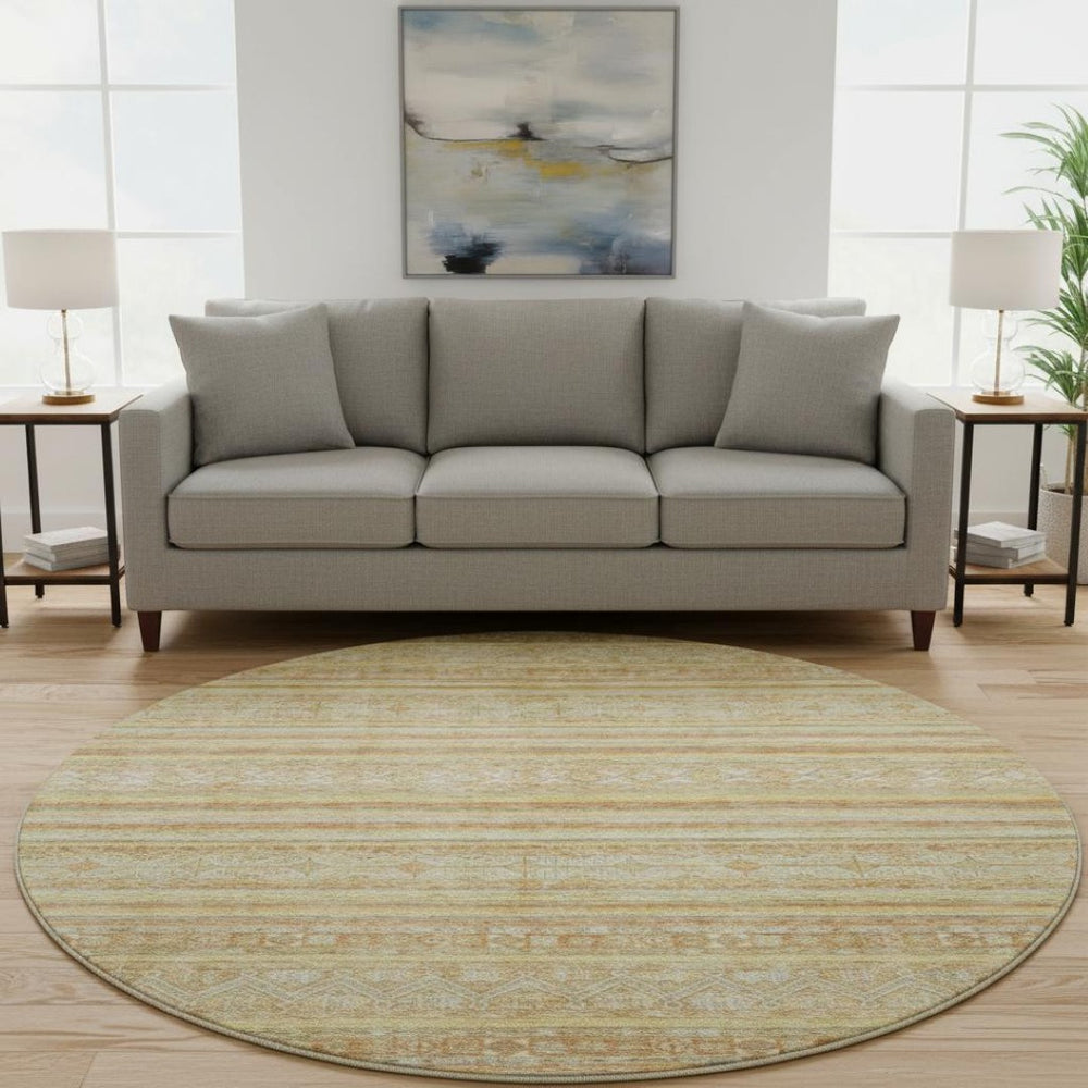 HomeRoots 8' Wheat Beige and Gold Striped Washable Round Rug - Durable, UV-Protected, Ideal for Busy Homes 696191