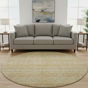 HomeRoots 8' Wheat Beige and Gold Striped Washable Round Rug - Durable, UV-Protected, Ideal for Busy Homes 696191