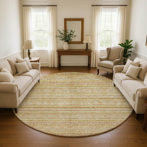 HomeRoots 8' Wheat Beige and Gold Striped Washable Round Rug - Durable, UV-Protected, Ideal for Busy Homes 696191
