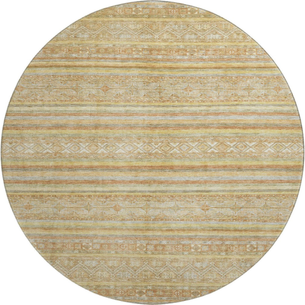 HomeRoots 8' Wheat Beige and Gold Striped Washable Round Rug - Durable, UV-Protected, Ideal for Busy Homes 696191