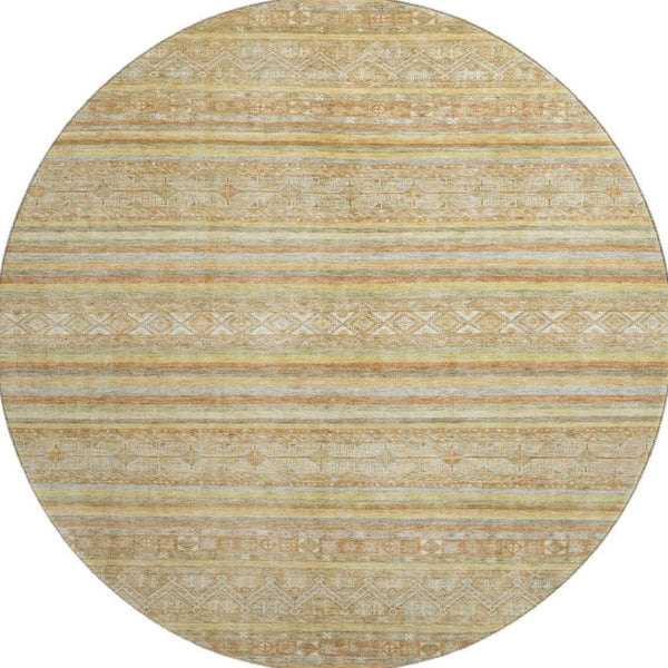 HomeRoots 8' Wheat Beige and Gold Striped Washable Round Rug - Durable, UV-Protected, Ideal for Busy Homes 696191