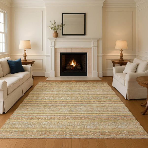 HomeRoots 10' X 14' Wheat Beige and Gold Striped Washable Area Rug - Durable, UV-Protected, Easy-Care Style! 696194