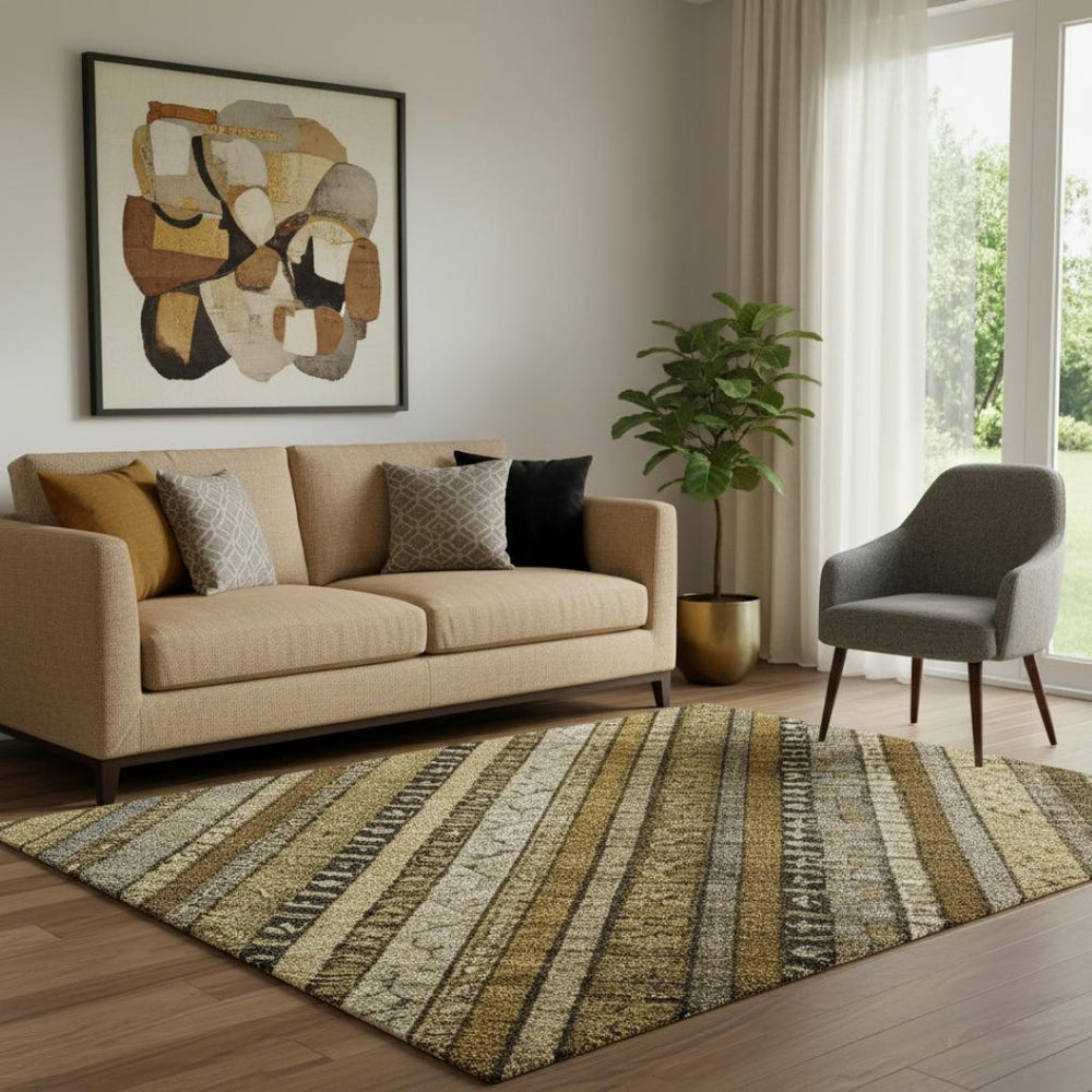 HomeRoots 5' Brown, Beige & Gray Striped Washable Area Rug - Durable, Stain Resistant & UV Protected Design 696196