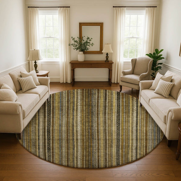 HomeRoots 8' Stylish Brown, Beige & Gray Striped Washable Round Rug with UV Protection for Indoor & Outdoor Use 696197