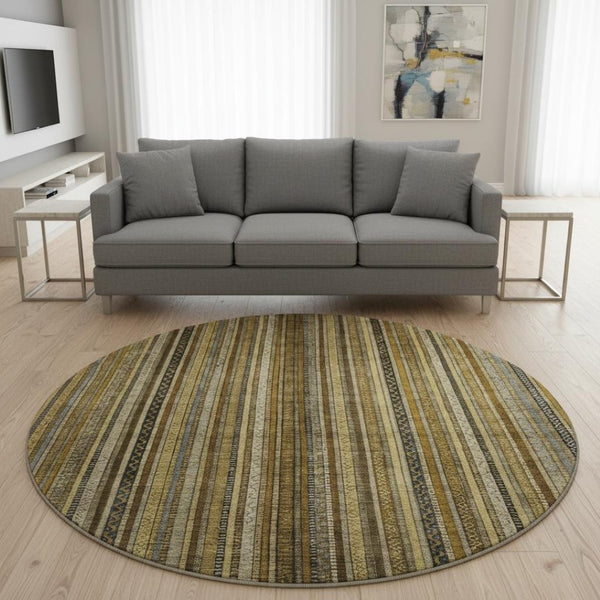 HomeRoots 8' Stylish Brown, Beige & Gray Striped Washable Round Rug with UV Protection for Indoor & Outdoor Use 696197