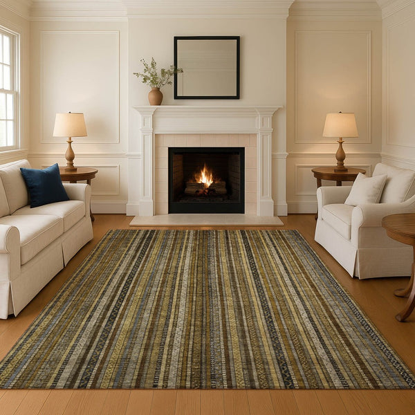 HomeRoots 9' X 12' Washable Striped Area Rug - Durable, UV-Protected, Stylish Brown, Beige & Gray Design 696199
