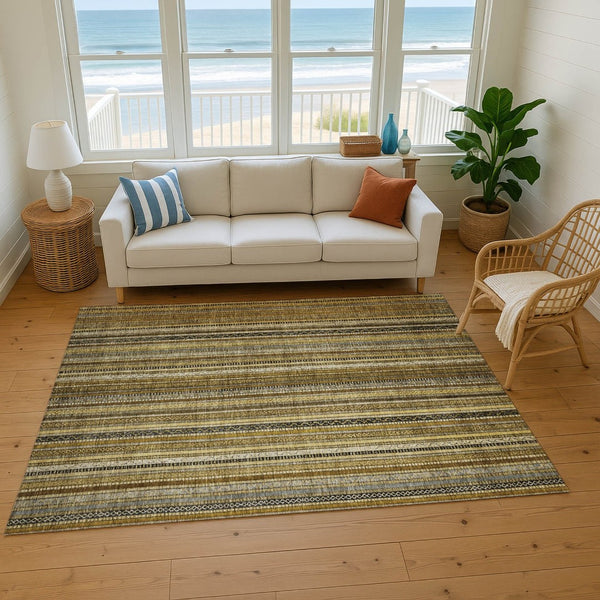 HomeRoots 9' X 12' Washable Striped Area Rug - Durable, UV-Protected, Stylish Brown, Beige & Gray Design 696199