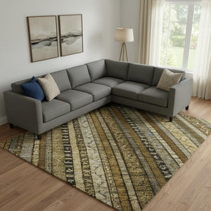 HomeRoots 9' X 12' Washable Striped Area Rug - Durable, UV-Protected, Stylish Brown, Beige & Gray Design 696199