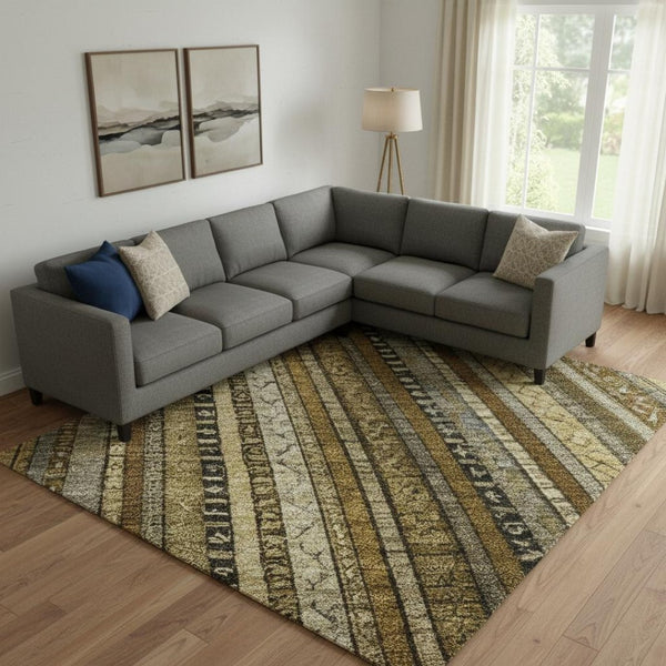 HomeRoots 9' X 12' Washable Striped Area Rug - Durable, UV-Protected, Stylish Brown, Beige & Gray Design 696199