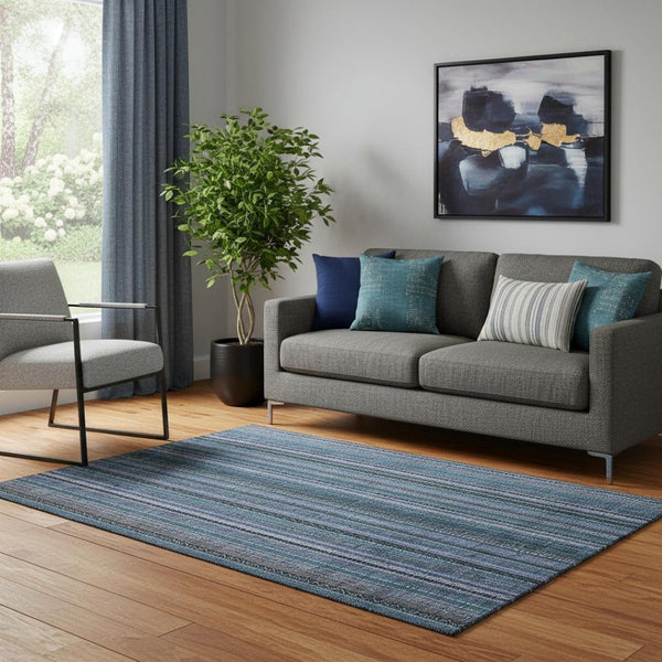 HomeRoots 5' Blue Gray and Charcoal Striped Area Rug - Washable, Durable, UV Protected for High-Traffic Spaces 696202