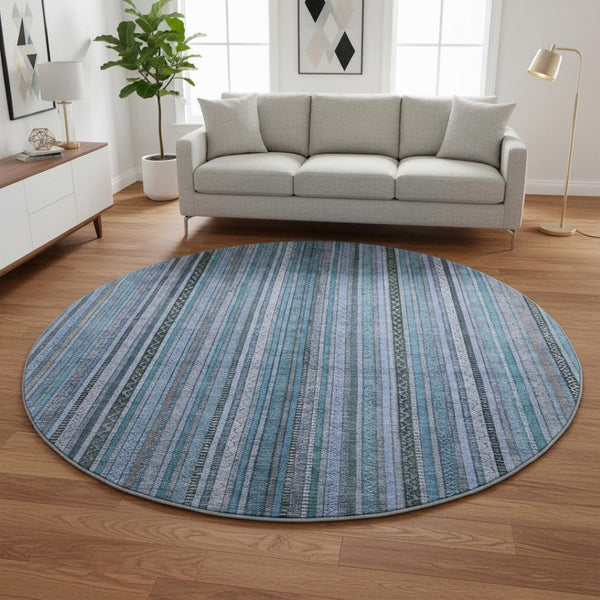 HomeRoots 8' Stylish Blue Gray and Charcoal Striped Washable Round Rug with UV Protection for Easy Care 696203