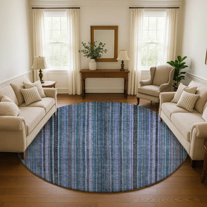 HomeRoots 8' Stylish Blue Gray and Charcoal Striped Washable Round Rug with UV Protection for Easy Care 696203