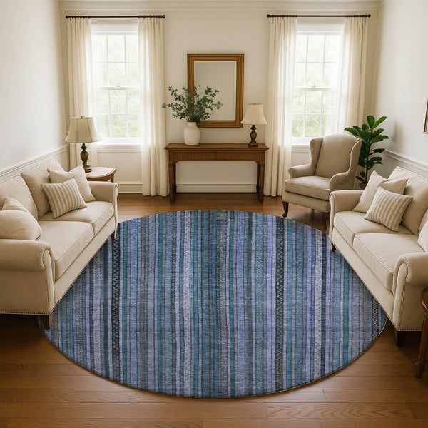 HomeRoots 8' Stylish Blue Gray and Charcoal Striped Washable Round Rug with UV Protection for Easy Care 696203