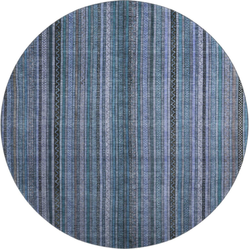 HomeRoots 8' Stylish Blue Gray and Charcoal Striped Washable Round Rug with UV Protection for Easy Care 696203