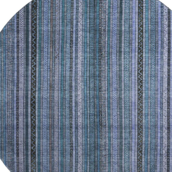 HomeRoots 8' Stylish Blue Gray and Charcoal Striped Washable Round Rug with UV Protection for Easy Care 696203
