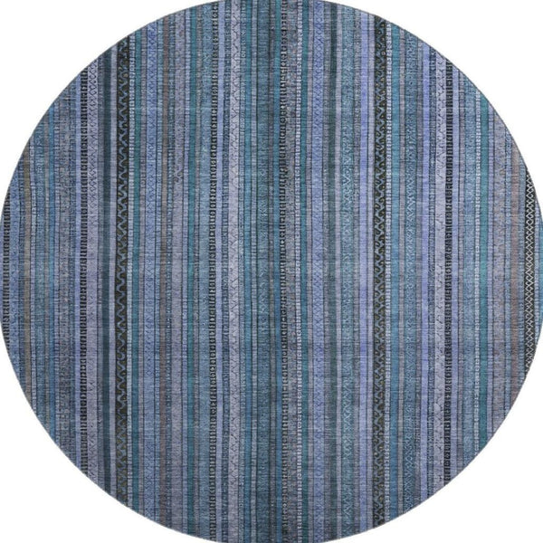 HomeRoots 8' Stylish Blue Gray and Charcoal Striped Washable Round Rug with UV Protection for Easy Care 696203