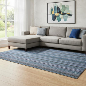 HomeRoots 8' X 10' Durable Blue Gray Charcoal Striped Area Rug - Washable, UV Resistant, Perfect for Any Space 696204