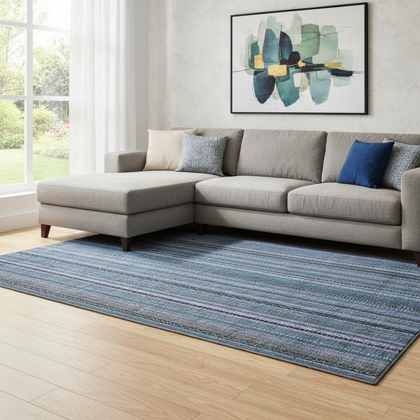 HomeRoots 8' X 10' Durable Blue Gray Charcoal Striped Area Rug - Washable, UV Resistant, Perfect for Any Space 696204