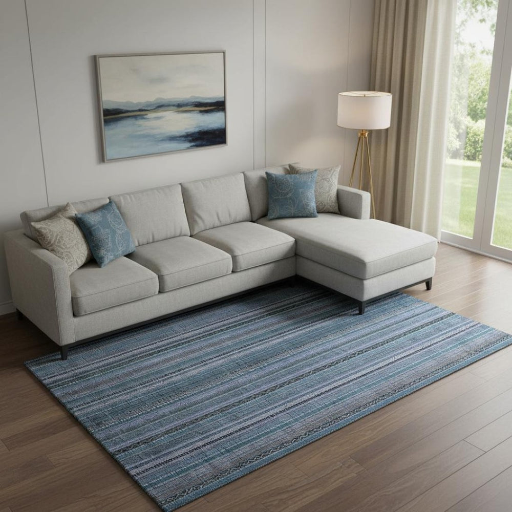 HomeRoots 9' X 12' Blue-Gray and Charcoal Striped Washable Area Rug with UV Protection for Busy Homes 696205