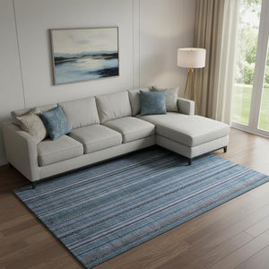 HomeRoots 9' X 12' Blue-Gray and Charcoal Striped Washable Area Rug with UV Protection for Busy Homes 696205