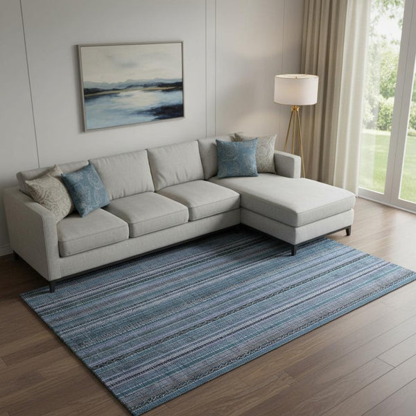 HomeRoots 9' X 12' Blue-Gray and Charcoal Striped Washable Area Rug with UV Protection for Busy Homes 696205