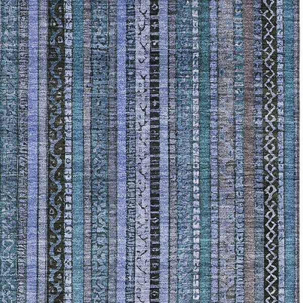 HomeRoots 9' X 12' Blue-Gray and Charcoal Striped Washable Area Rug with UV Protection for Busy Homes 696205