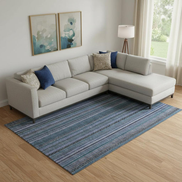 HomeRoots 10' X 14' Blue Gray Charcoal Striped Washable Area Rug with UV Protection for Busy Homes & Pets 696206