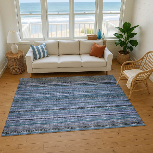 HomeRoots 10' X 14' Blue Gray Charcoal Striped Washable Area Rug with UV Protection for Busy Homes & Pets 696206