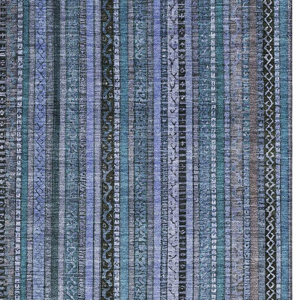 HomeRoots 10' X 14' Blue Gray Charcoal Striped Washable Area Rug with UV Protection for Busy Homes & Pets 696206