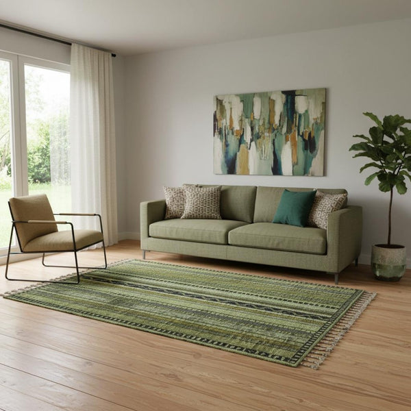 HomeRoots 5' X 8' Stylish Green Gray Gold Striped Washable Area Rug - UV Protected & Stain Resistant Design 696208