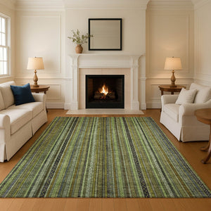 HomeRoots 5' X 8' Stylish Green Gray Gold Striped Washable Area Rug - UV Protected & Stain Resistant Design 696208