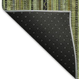 HomeRoots 5' X 8' Stylish Green Gray Gold Striped Washable Area Rug - UV Protected & Stain Resistant Design 696208