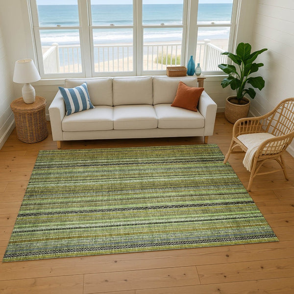 HomeRoots 5' X 8' Stylish Green Gray Gold Striped Washable Area Rug - UV Protected & Stain Resistant Design 696208