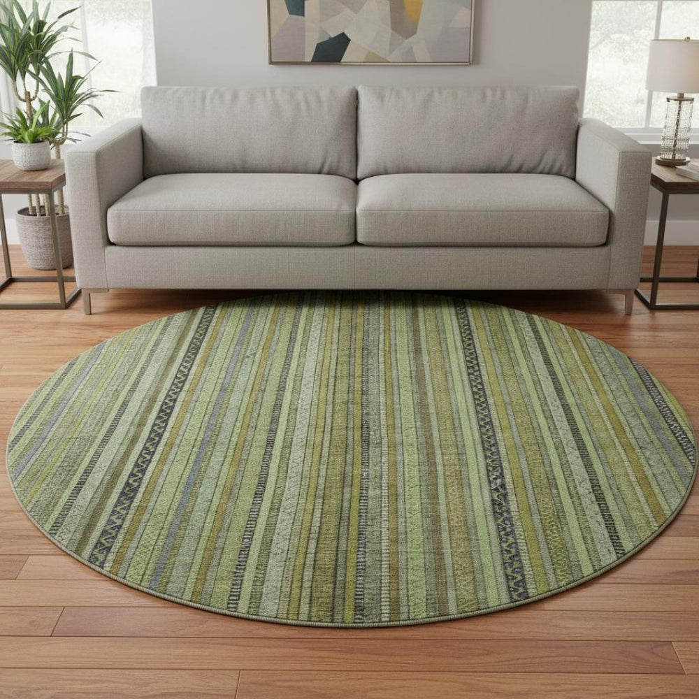 HomeRoots 8' Stylish Green, Gray & Gold Striped Washable Round Rug with UV Protection for High-Traffic Areas 696209