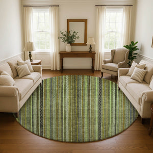 HomeRoots 8' Stylish Green, Gray & Gold Striped Washable Round Rug with UV Protection for High-Traffic Areas 696209