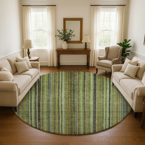HomeRoots 8' Stylish Green, Gray & Gold Striped Washable Round Rug with UV Protection for High-Traffic Areas 696209