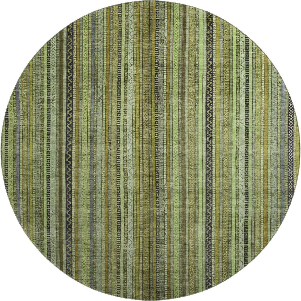 HomeRoots 8' Stylish Green, Gray & Gold Striped Washable Round Rug with UV Protection for High-Traffic Areas 696209