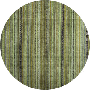 HomeRoots 8' Stylish Green, Gray & Gold Striped Washable Round Rug with UV Protection for High-Traffic Areas 696209