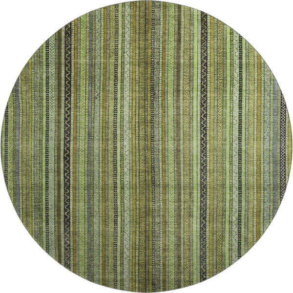 HomeRoots 8' Stylish Green, Gray & Gold Striped Washable Round Rug with UV Protection for High-Traffic Areas 696209