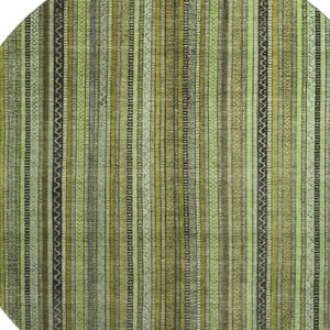 HomeRoots 8' Stylish Green, Gray & Gold Striped Washable Round Rug with UV Protection for High-Traffic Areas 696209