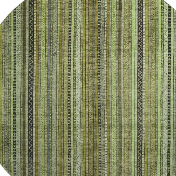 HomeRoots 8' Stylish Green, Gray & Gold Striped Washable Round Rug with UV Protection for High-Traffic Areas 696209