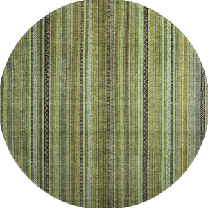 HomeRoots 8' Stylish Green, Gray & Gold Striped Washable Round Rug with UV Protection for High-Traffic Areas 696209