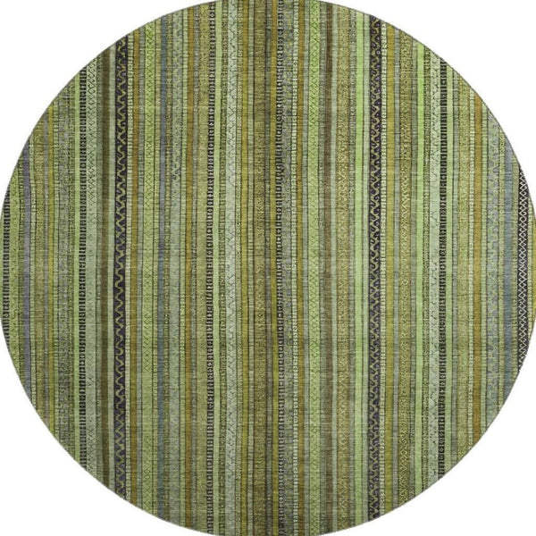 HomeRoots 8' Stylish Green, Gray & Gold Striped Washable Round Rug with UV Protection for High-Traffic Areas 696209