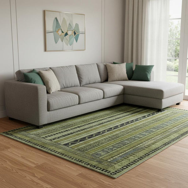 HomeRoots 8' x 10' Stylish Green, Gray & Gold Striped Area Rug – Washable, UV Protected, Non-Slip Design! 696210